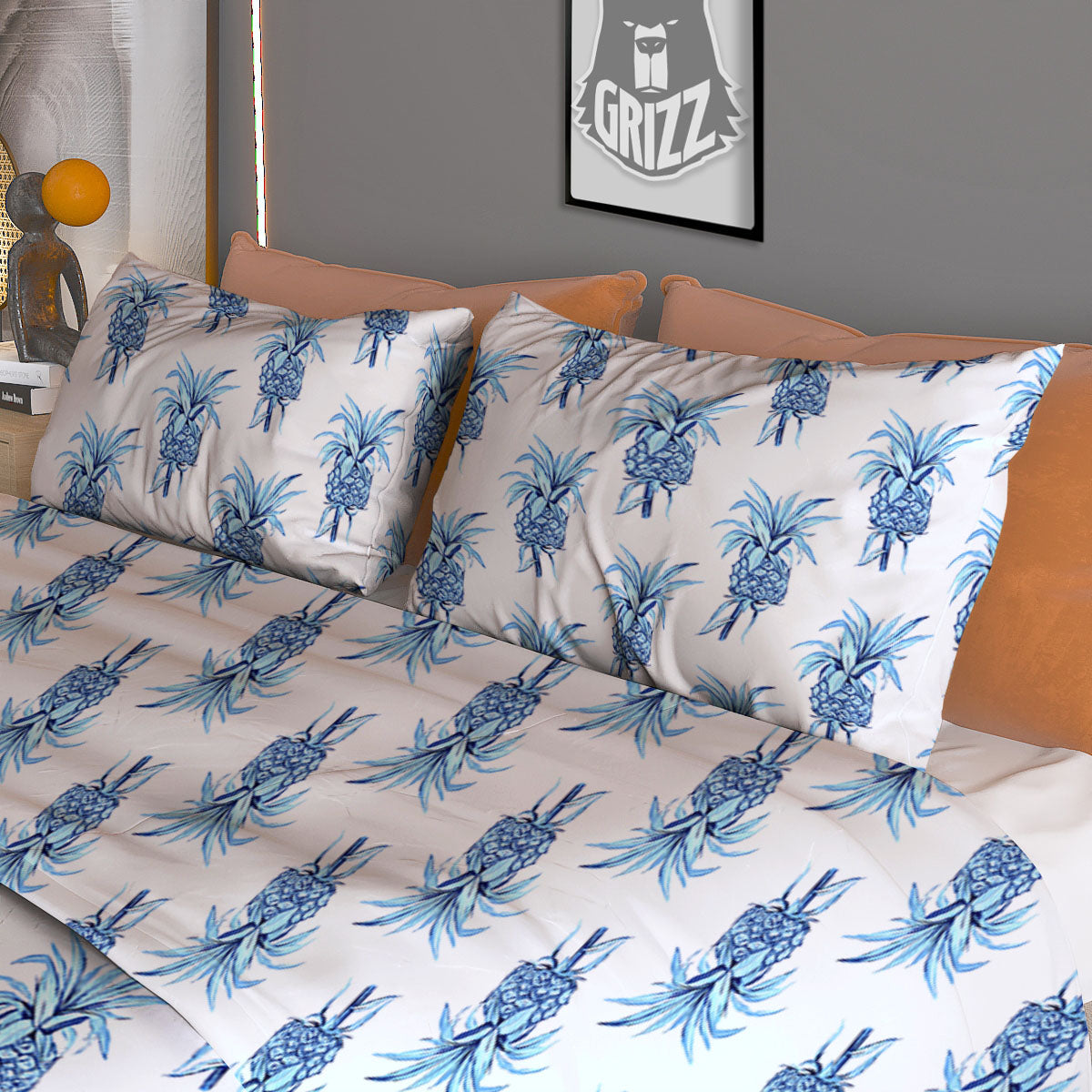 Pineapple Blue Leaf Print Pattern Duvet Cover Bedding Set-grizzshop