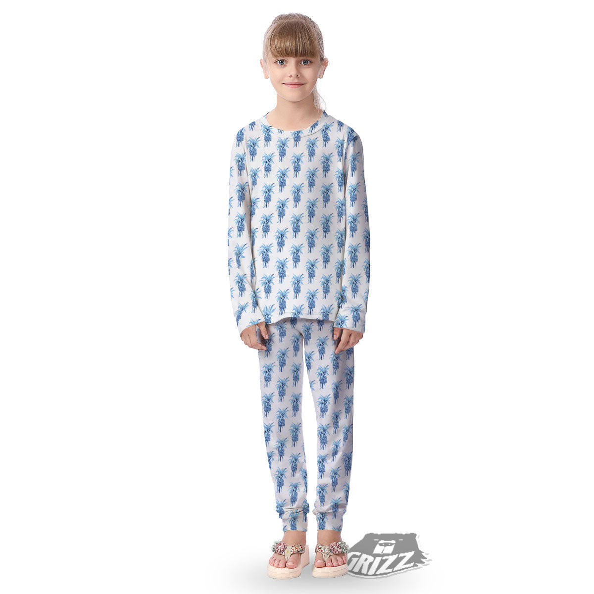 Pineapple Blue Leaf Print Pattern Kid's Pajamas-grizzshop
