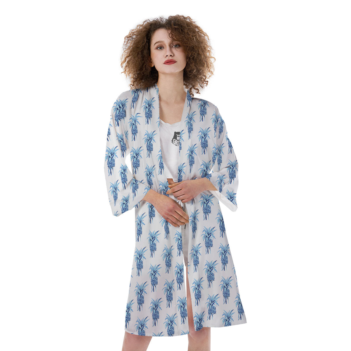 Pineapple Blue Leaf Print Pattern Kimono-grizzshop