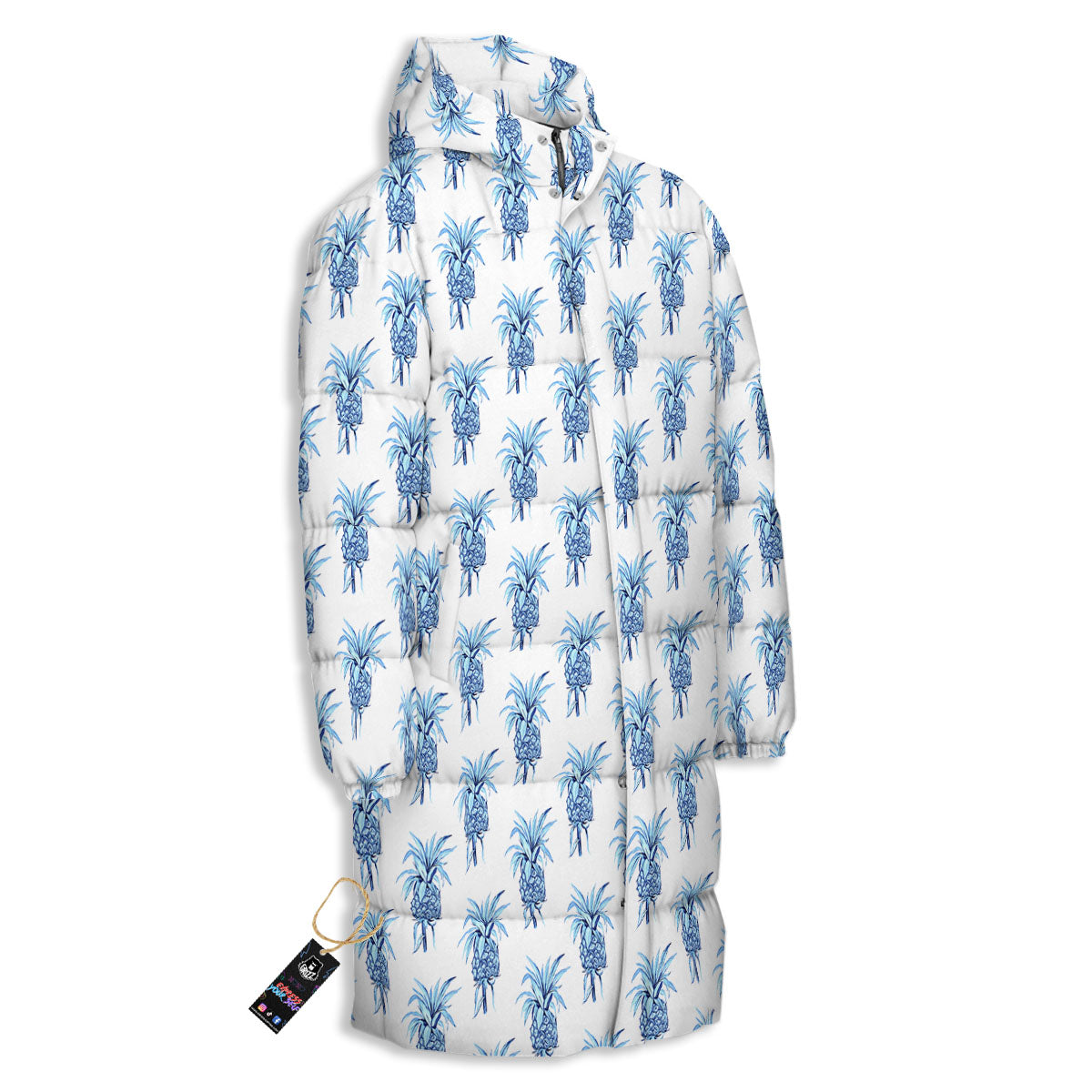 Pineapple Blue Leaf Print Pattern Long Down Jacket-grizzshop