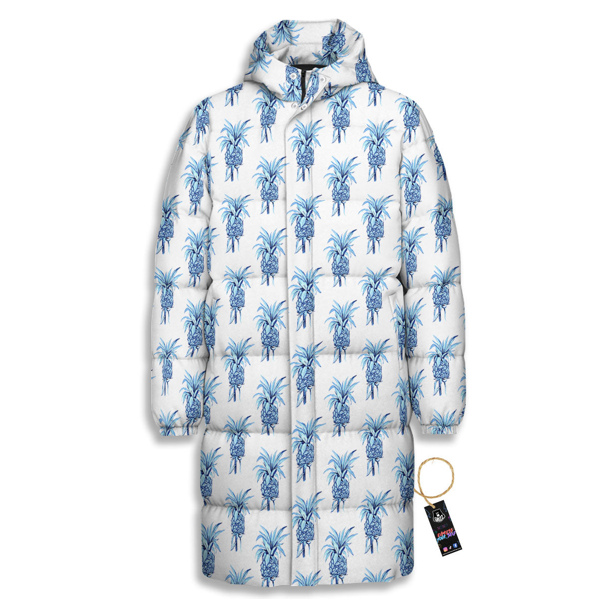 Pineapple Blue Leaf Print Pattern Long Down Jacket-grizzshop