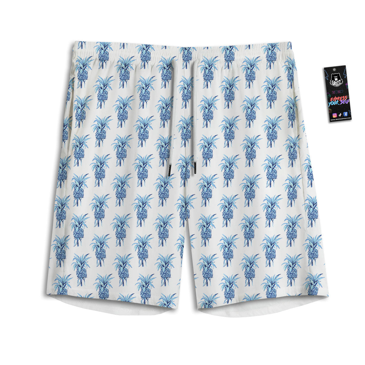 Pineapple Blue Leaf Print Pattern Men's Athletic Shorts