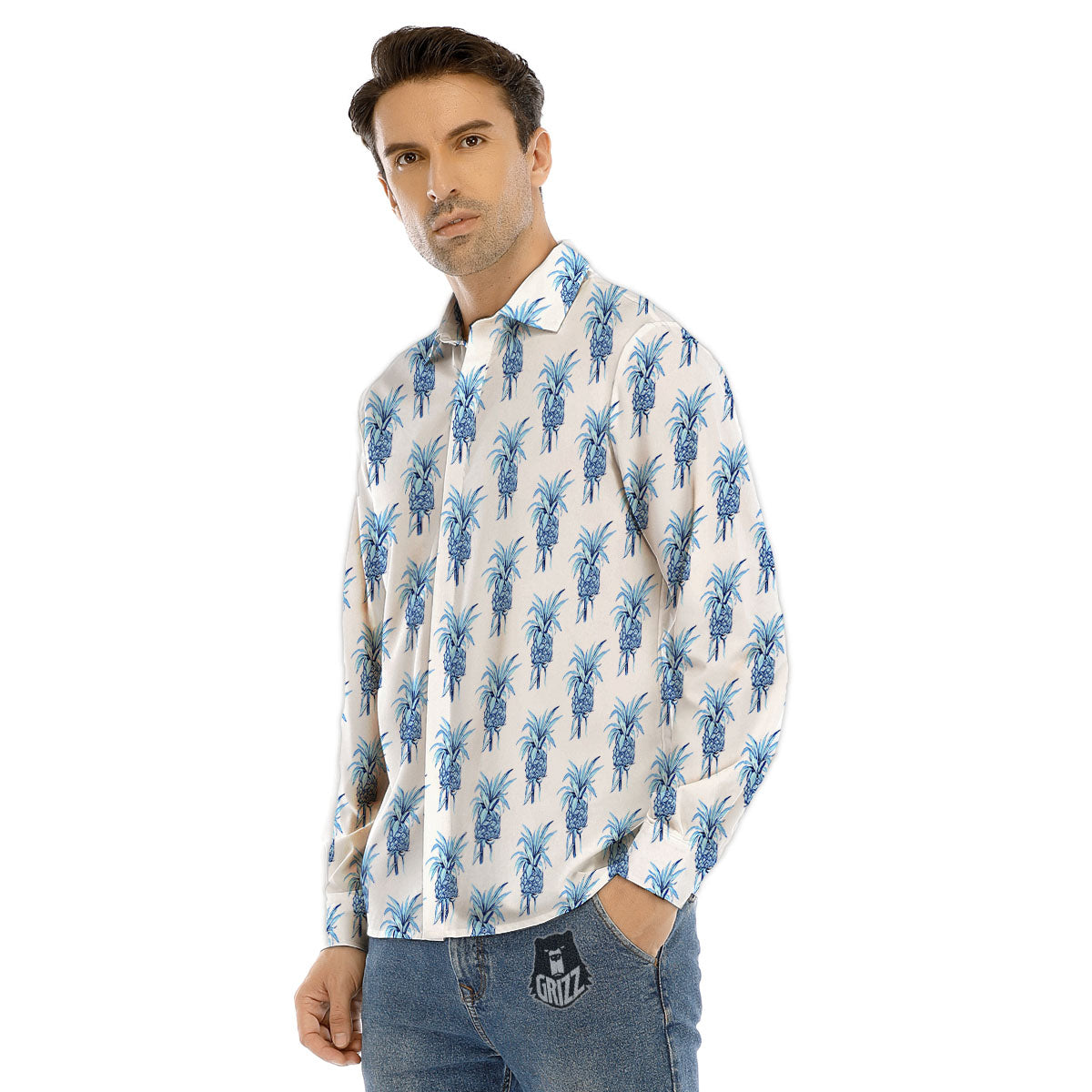 Pineapple Blue Leaf Print Pattern Men's Dress Shirts-grizzshop
