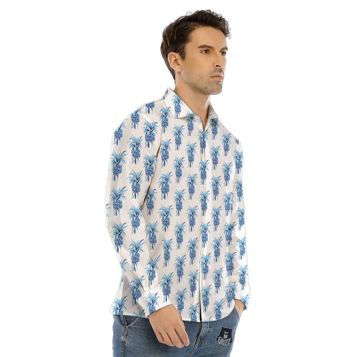 Pineapple Blue Leaf Print Pattern Men's Dress Shirts-grizzshop