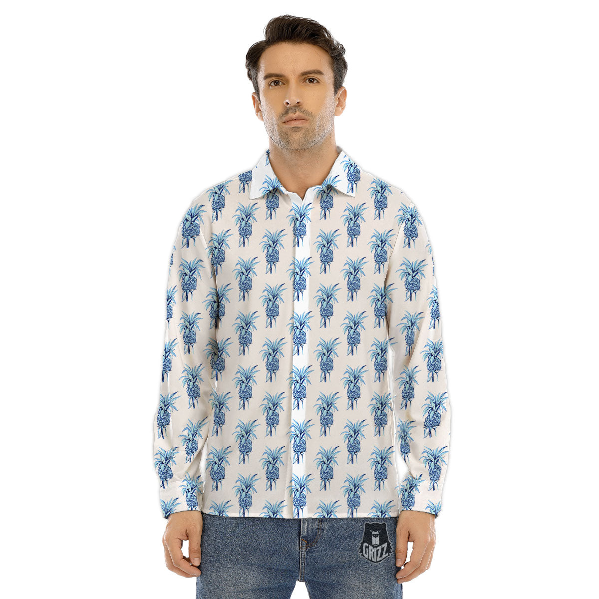 Pineapple Blue Leaf Print Pattern Men's Dress Shirts-grizzshop