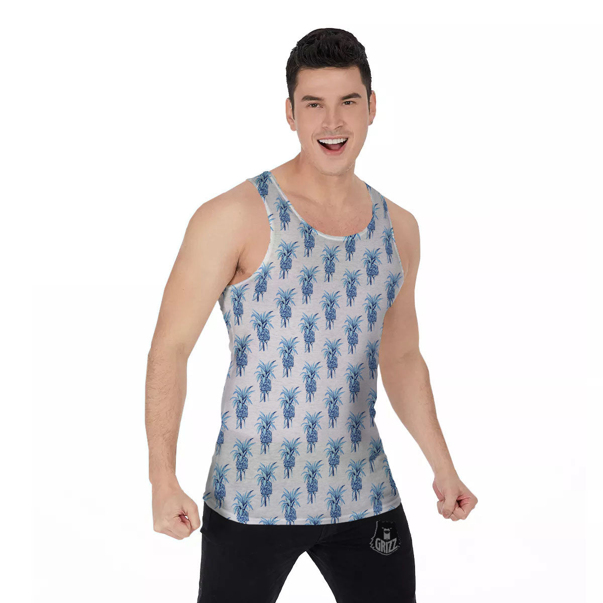 Pineapple Blue Leaf Print Pattern Men's Tank Top-grizzshop