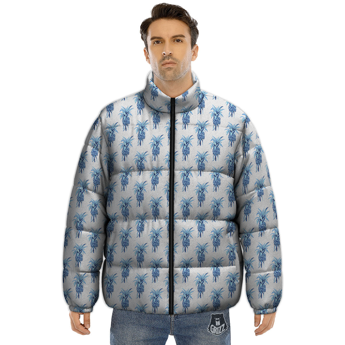 Pineapple Blue Leaf Print Pattern Puffer Jacket-grizzshop