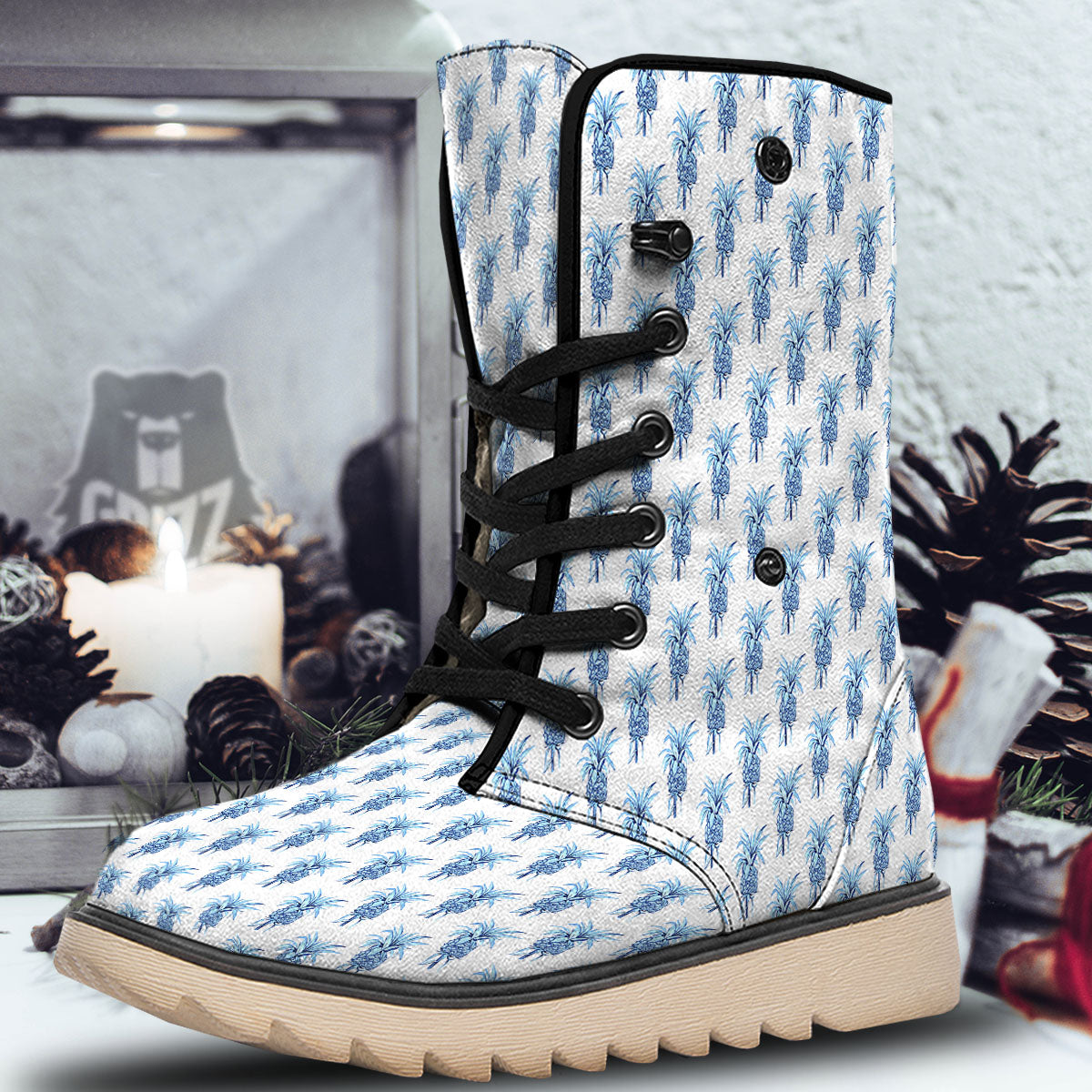 Pineapple Blue Leaf Print Pattern Snow Boots-grizzshop