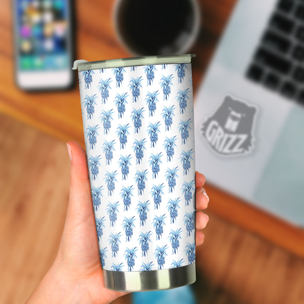 Pineapple Blue Leaf Print Pattern Tumbler-grizzshop