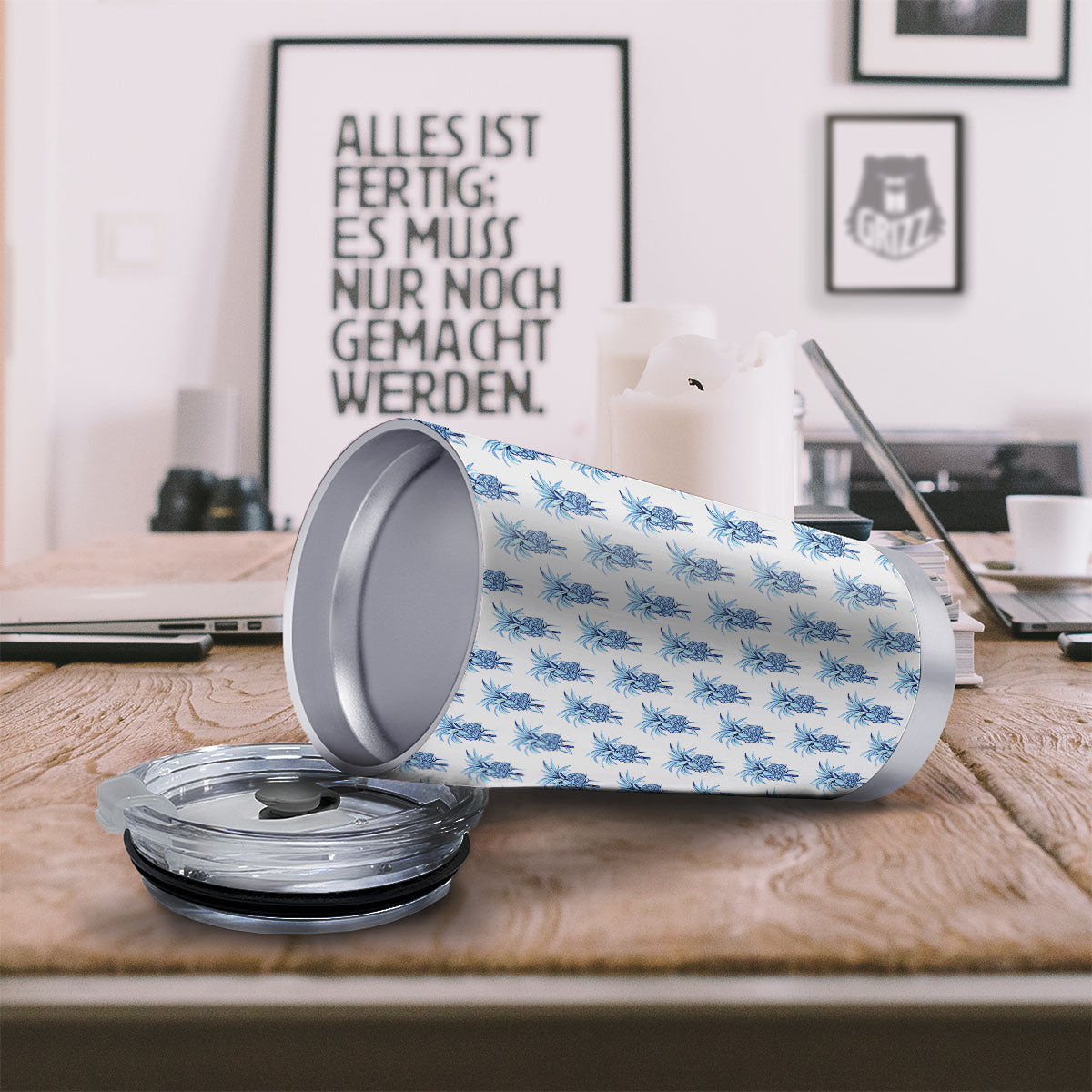 Pineapple Blue Leaf Print Pattern Tumbler-grizzshop