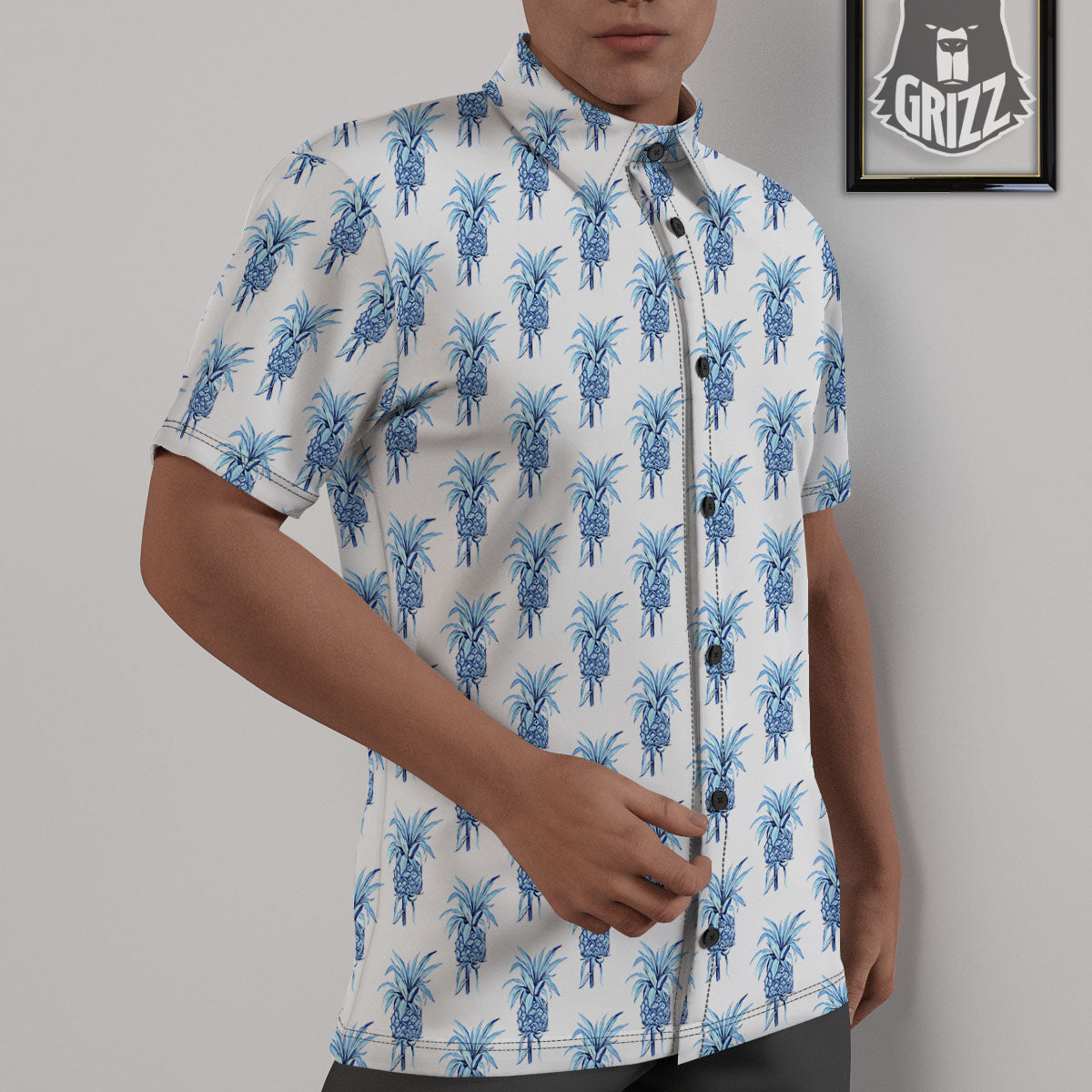 Pineapple Blue Leaf Print Pattern Untucked Shirts-grizzshop