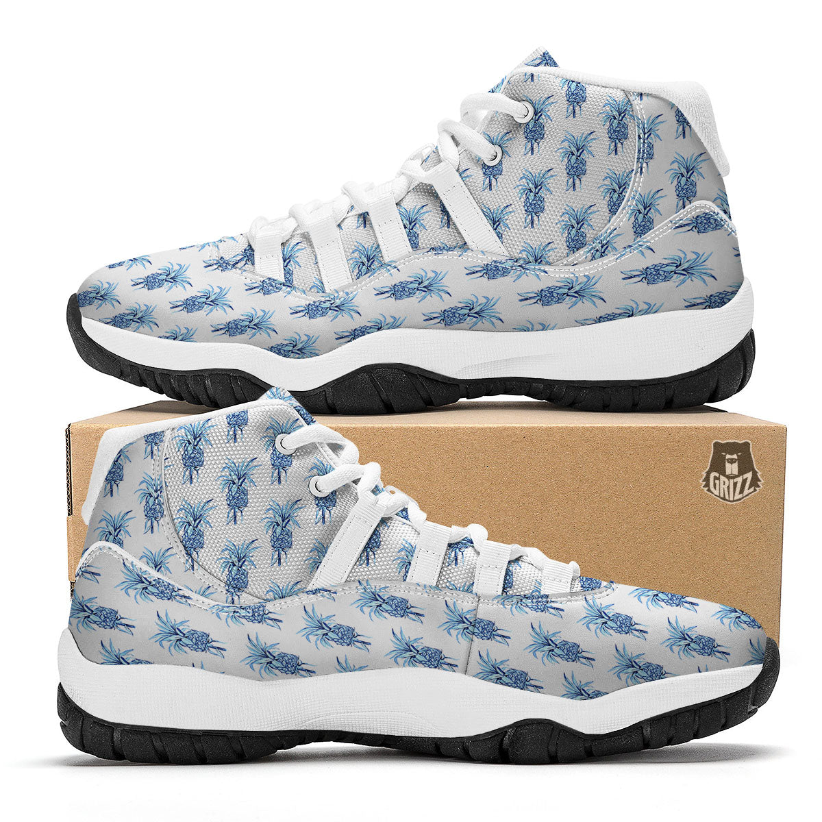 Pineapple Blue Leaf Print Pattern White Bball Shoes-grizzshop