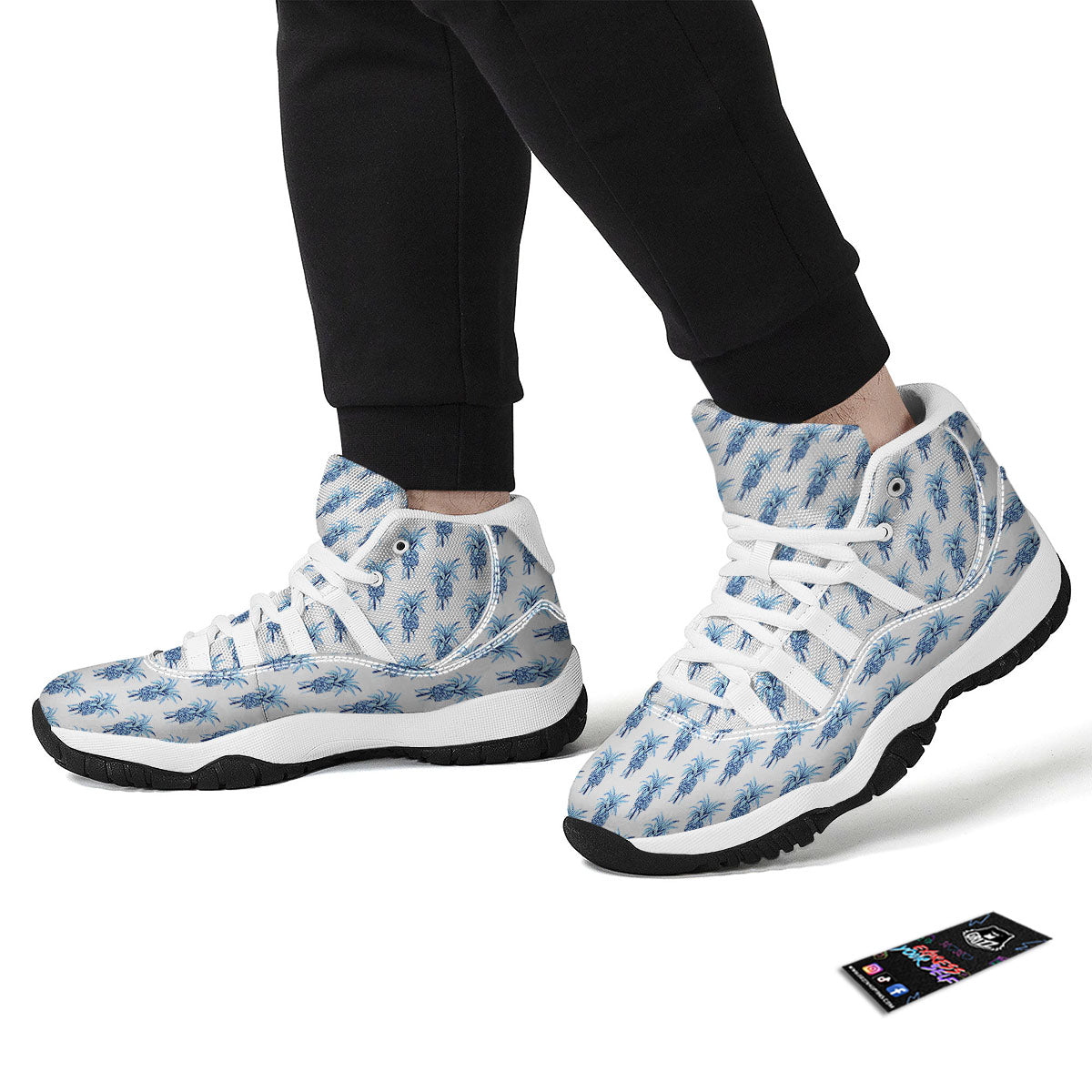 Pineapple Blue Leaf Print Pattern White Bball Shoes-grizzshop