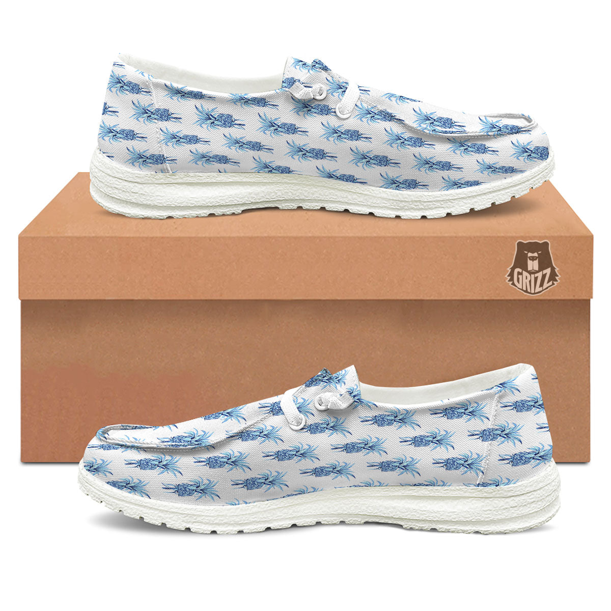 Pineapple Blue Leaf Print Pattern White Loafers-grizzshop