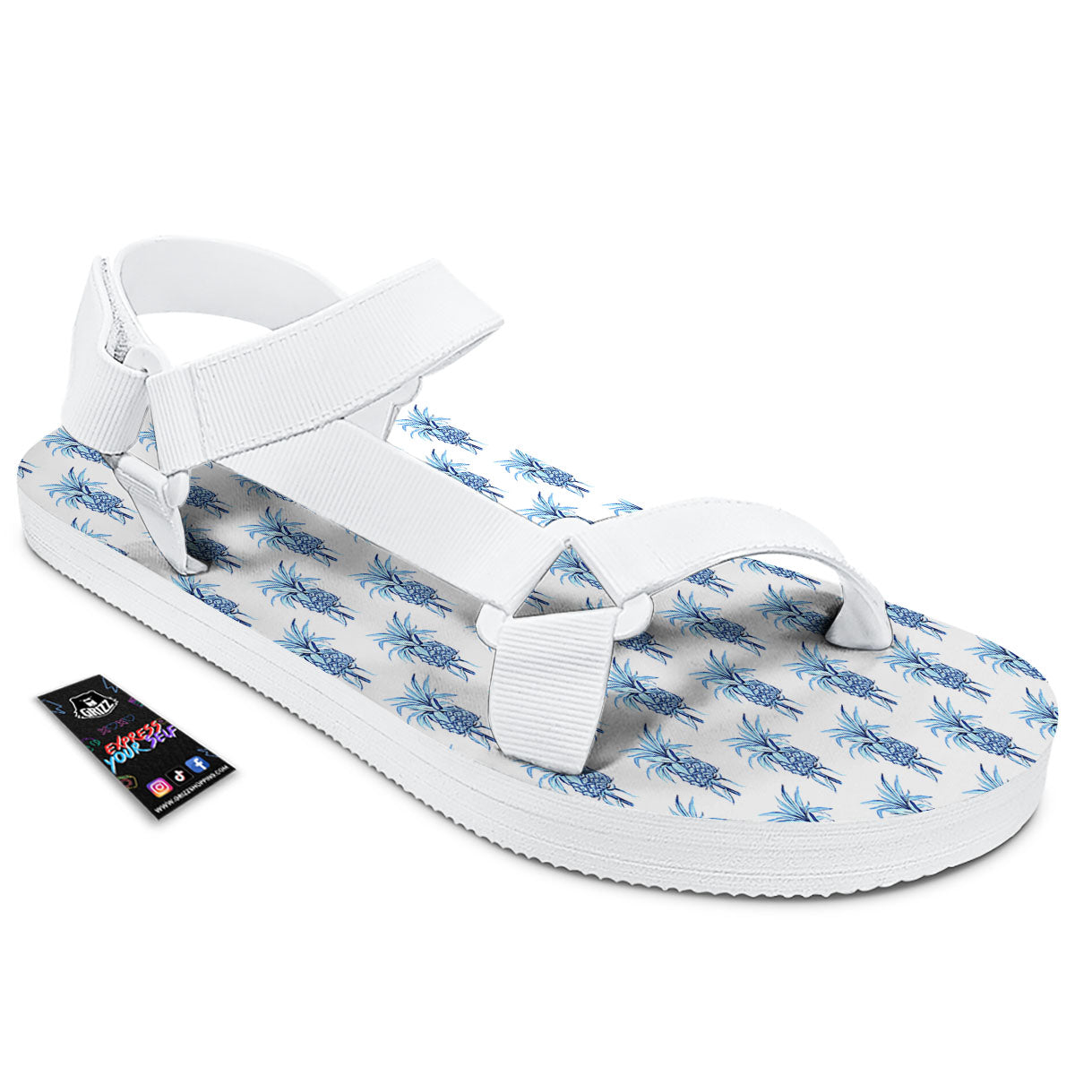 Pineapple Blue Leaf Print Pattern White Open Toe Sandals-grizzshop