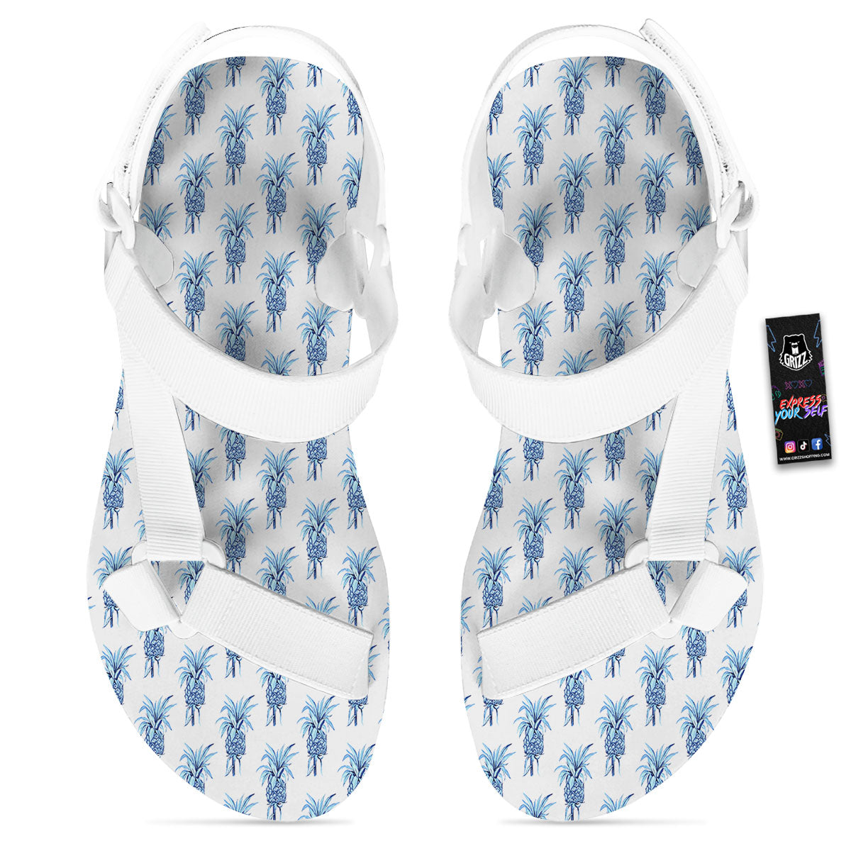 Pineapple Blue Leaf Print Pattern White Open Toe Sandals-grizzshop