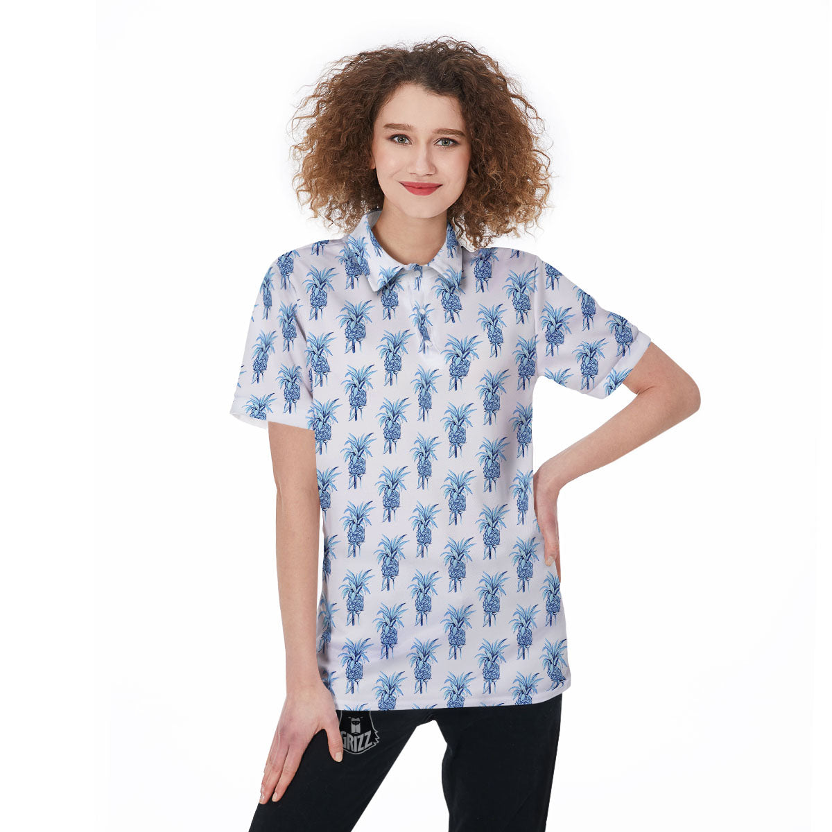 Pineapple Blue Leaf Print Pattern Women's Golf Shirts-grizzshop
