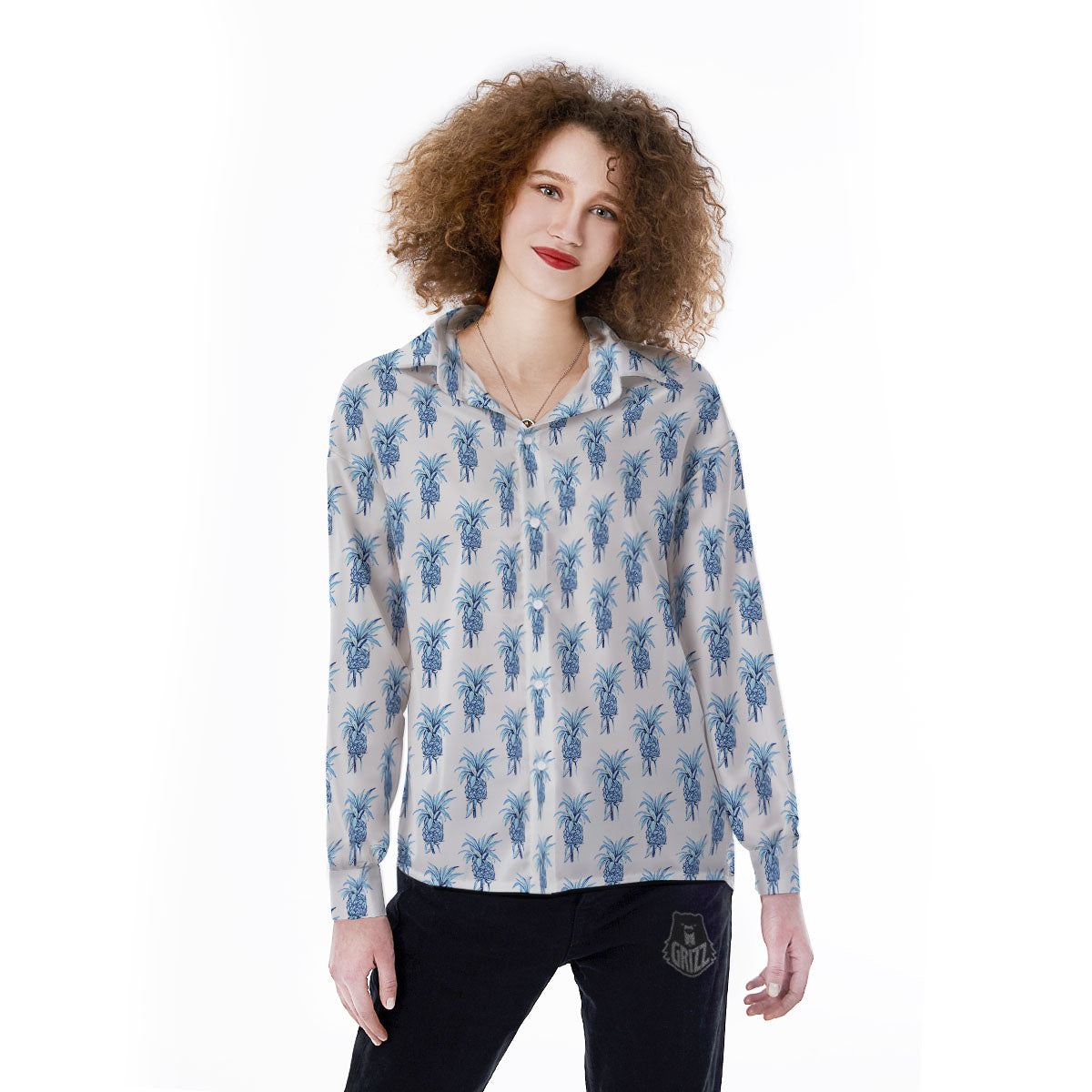 Pineapple Blue Leaf Print Pattern Women's Long Sleeve Shirts-grizzshop