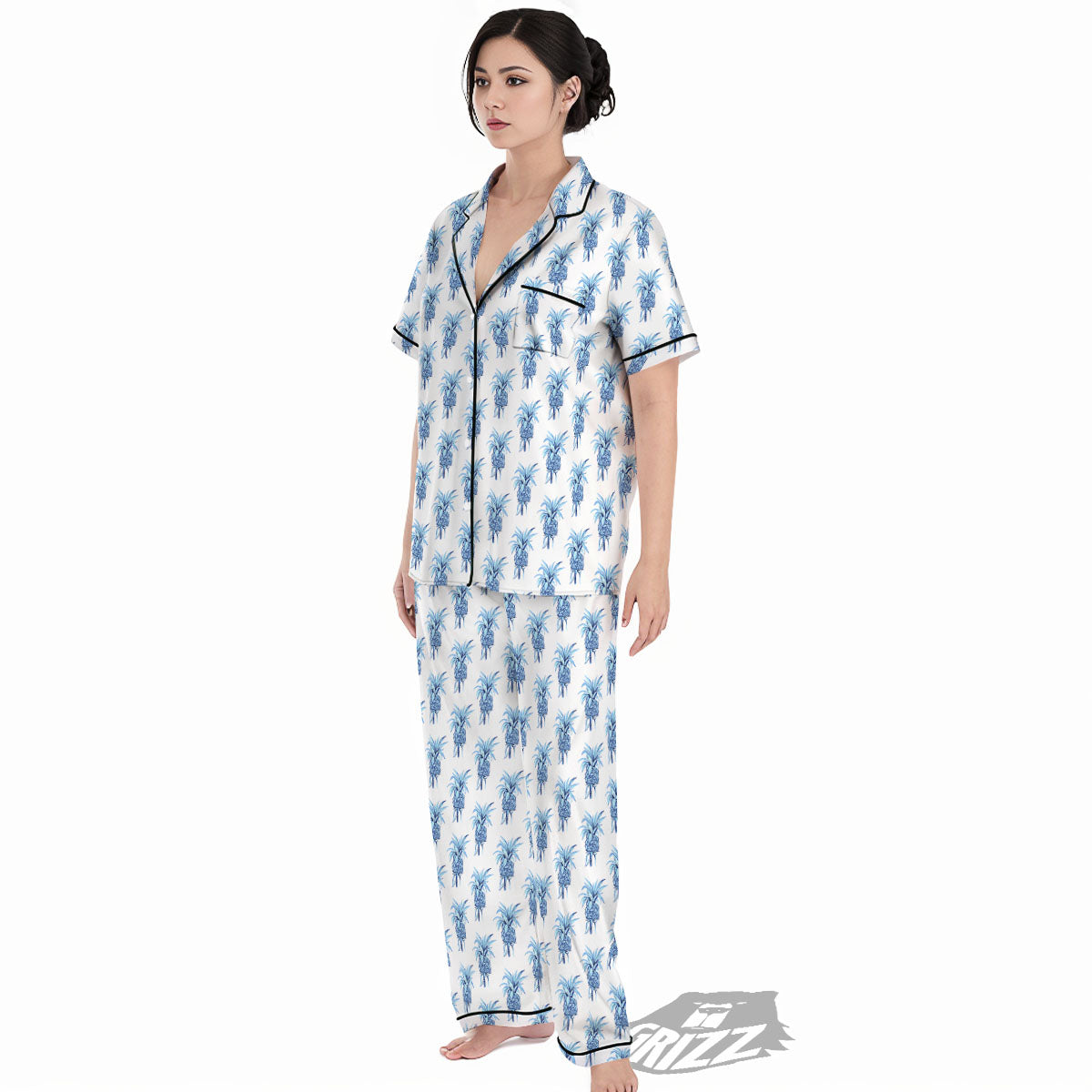 Pineapple Blue Leaf Print Pattern Women's Pajamas Set-grizzshop