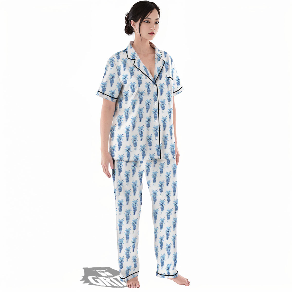 Pineapple Blue Leaf Print Pattern Women's Pajamas Set-grizzshop