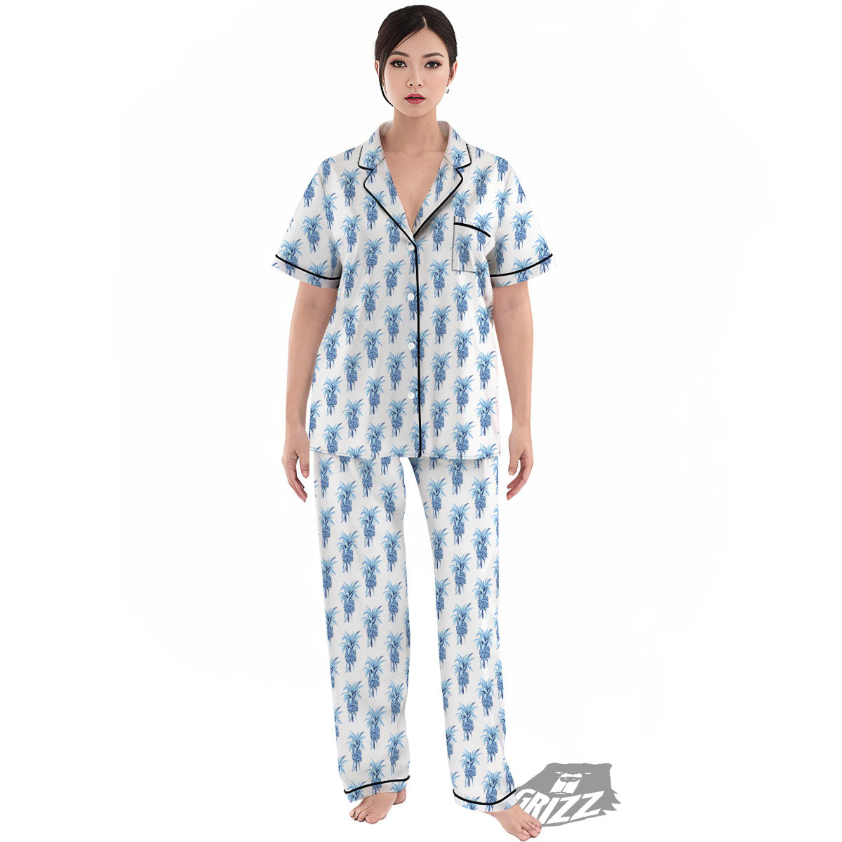 Pineapple Blue Leaf Print Pattern Women's Pajamas Set-grizzshop