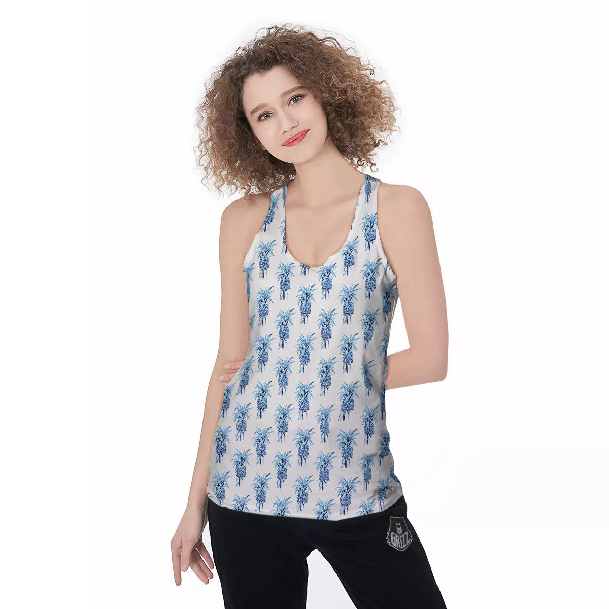 Pineapple Blue Leaf Print Pattern Women's Racerback Tank Top-grizzshop