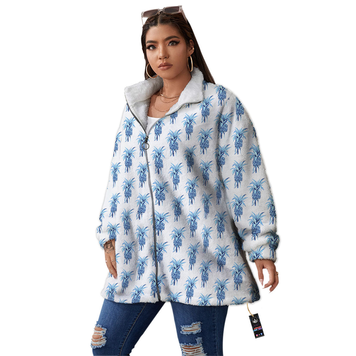 Pineapple Blue Leaf Print Pattern Women's Sherpa Jacket-grizzshop