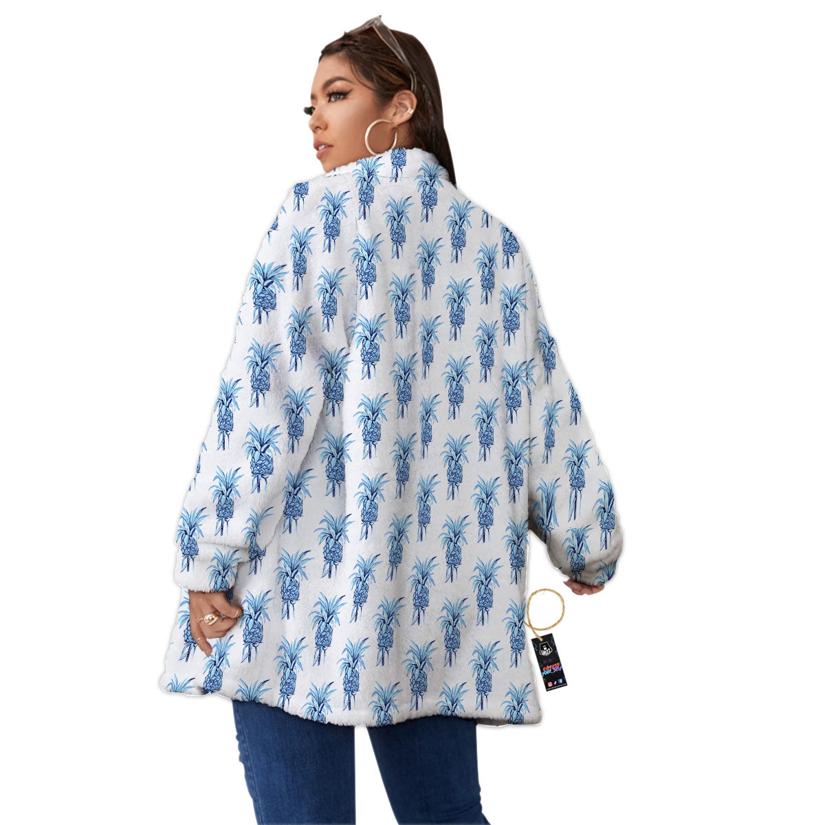 Pineapple Blue Leaf Print Pattern Women's Sherpa Jacket-grizzshop