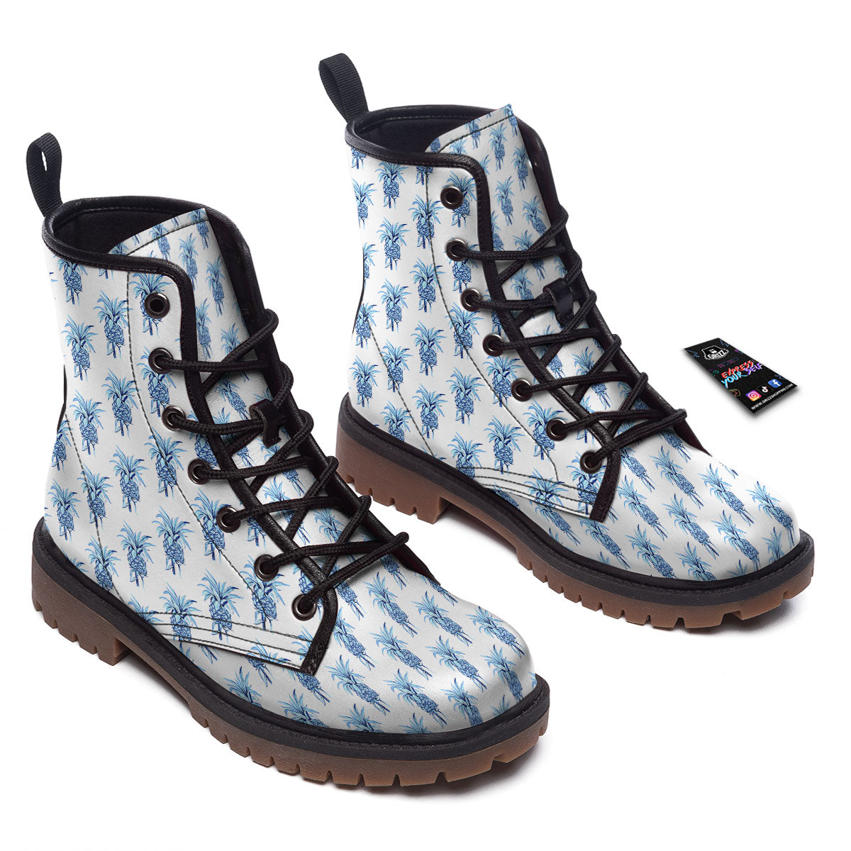 Pineapple Blue Leaf Print Pattern Work Boots-grizzshop