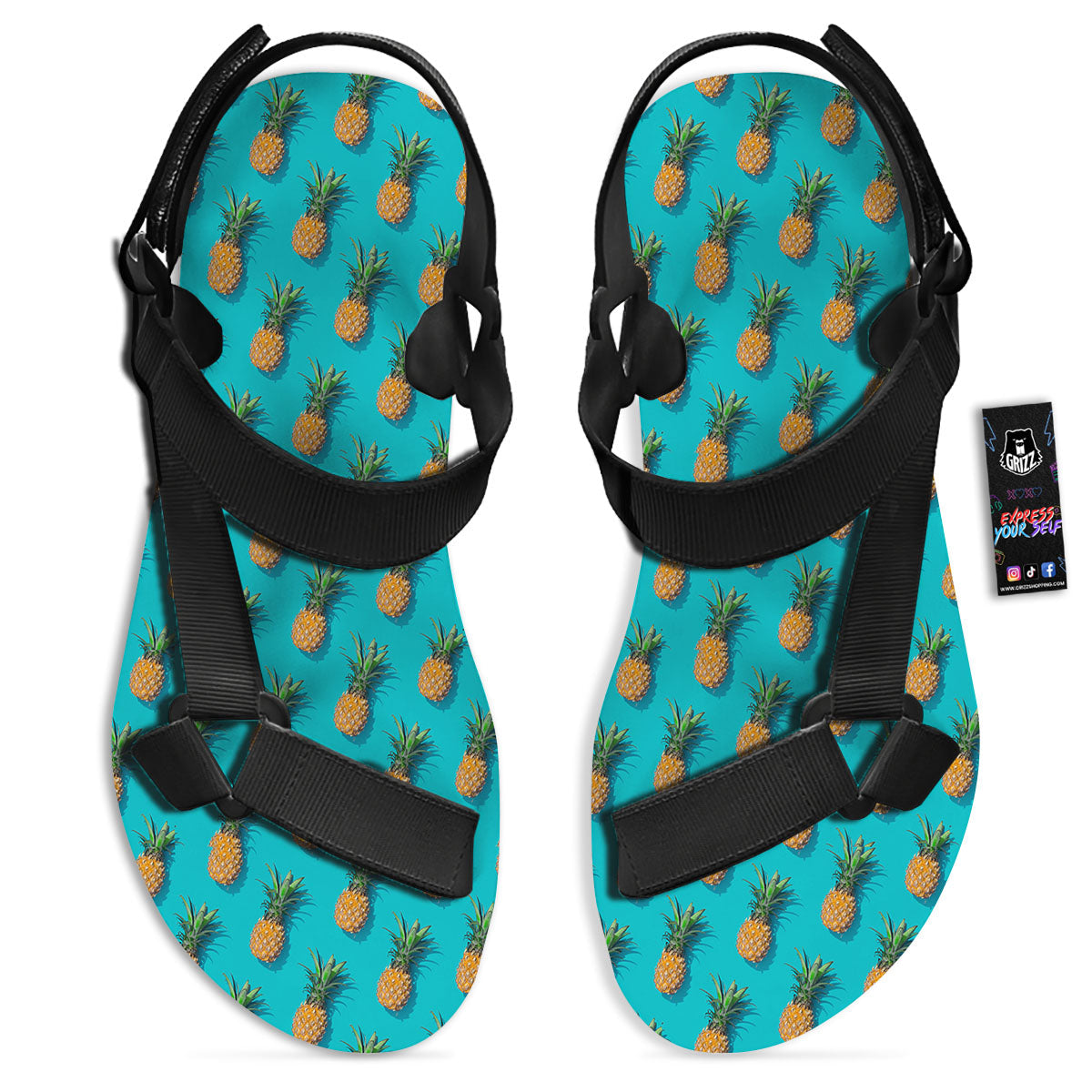 Pineapple Blue Print Pattern Black Open Toe Sandals-grizzshop