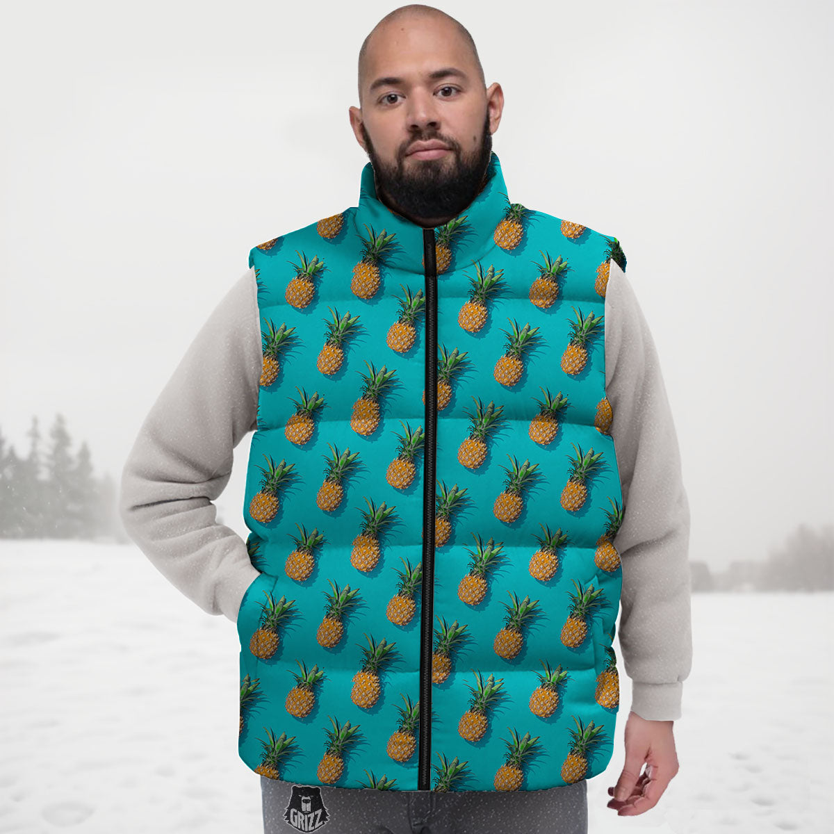 Pineapple Blue Print Pattern Down Vest-grizzshop