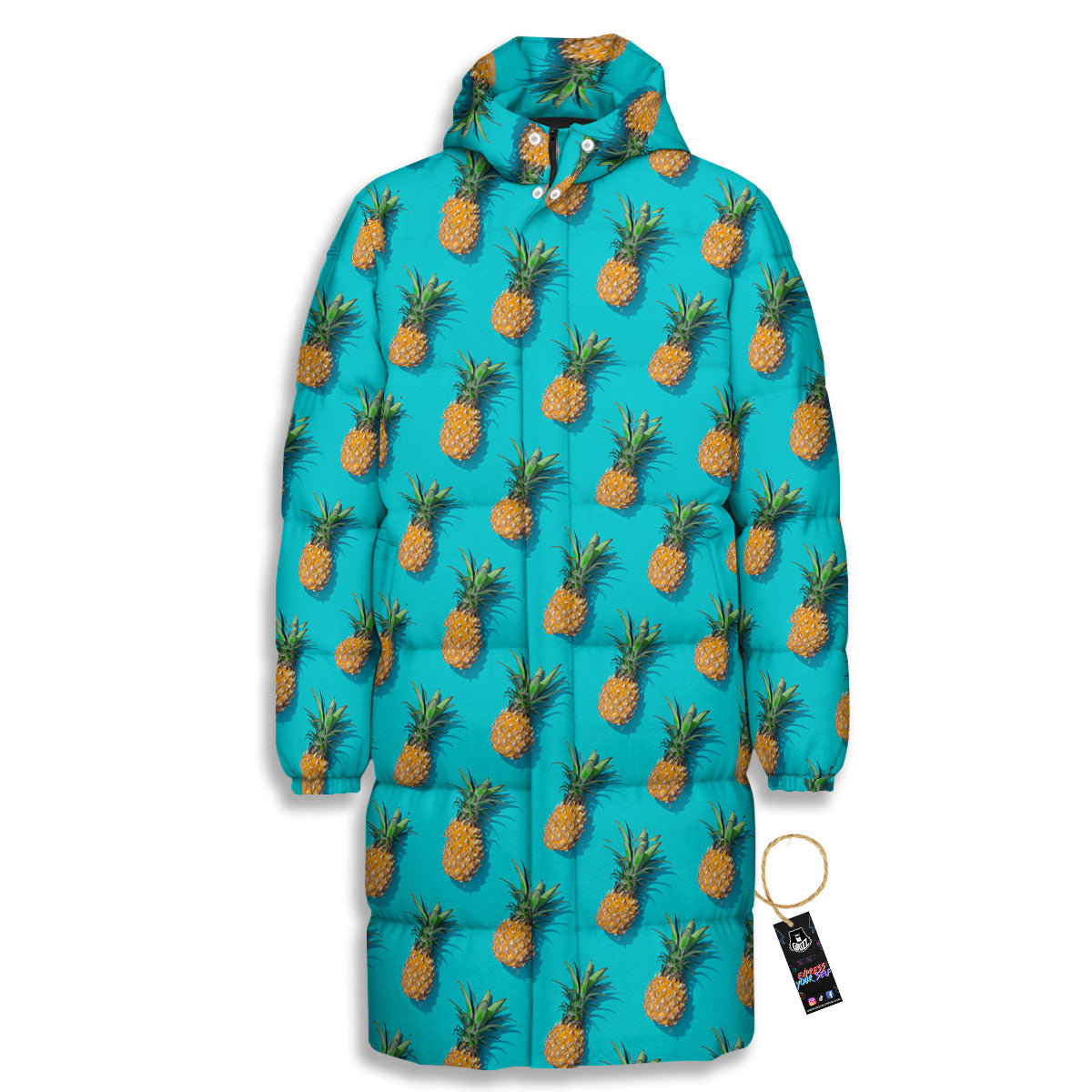 Pineapple Blue Print Pattern Long Down Jacket-grizzshop