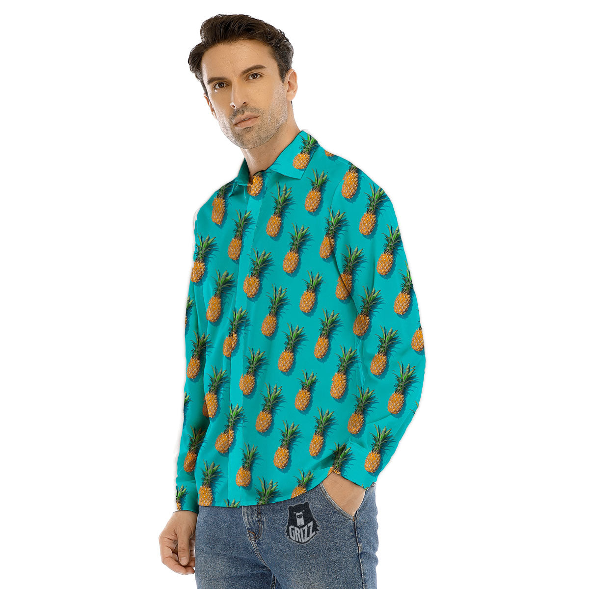 Pineapple Blue Print Pattern Men's Dress Shirts-grizzshop