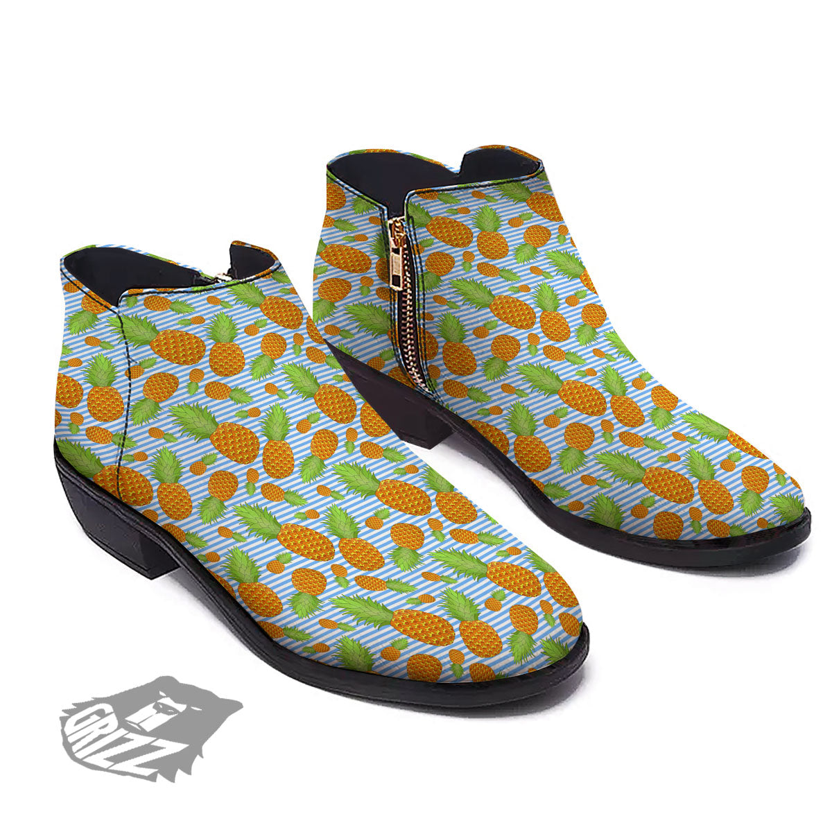 Pineapple Blue Striped Print Pattern Ankle Boots-grizzshop