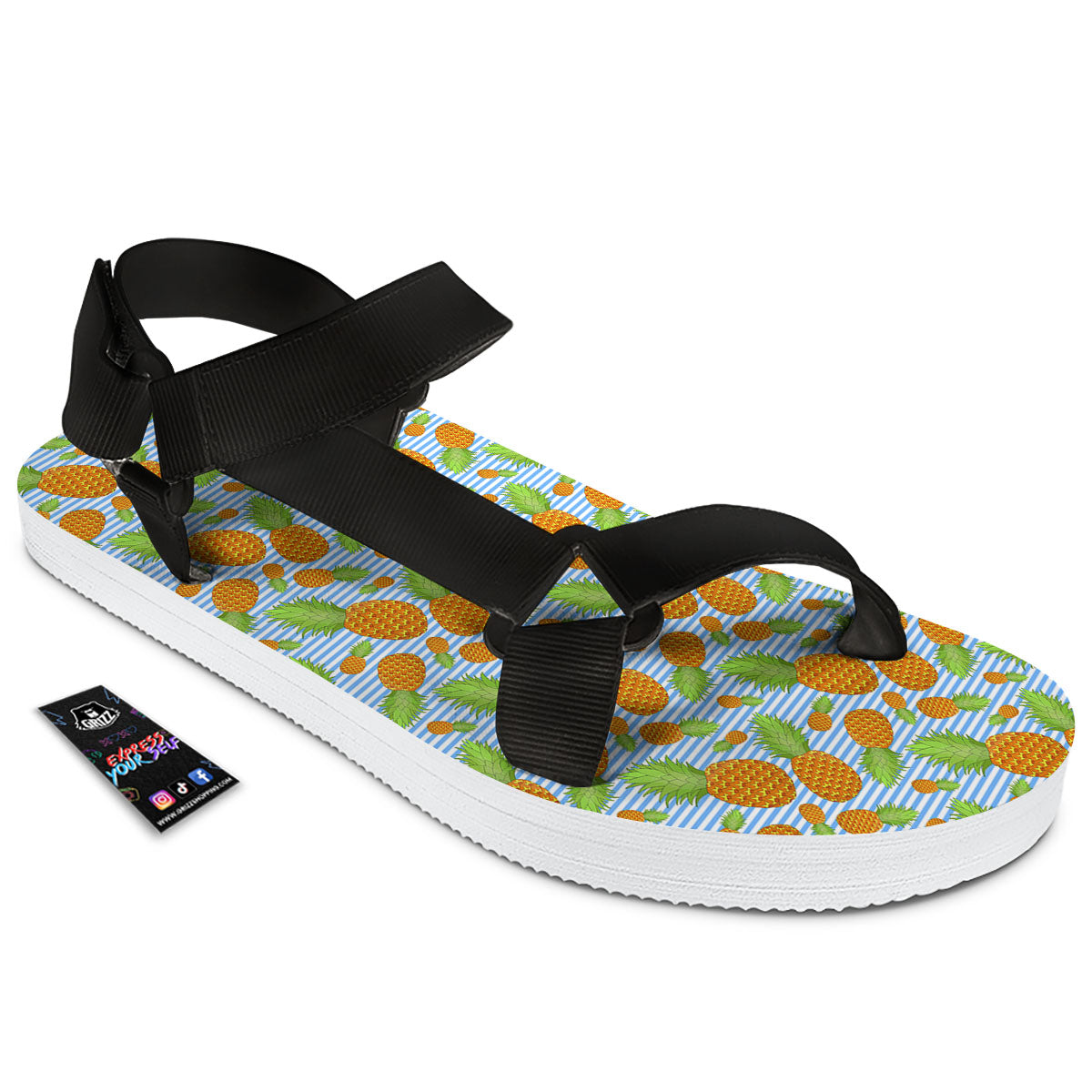 Pineapple Blue Striped Print Pattern Black Open Toe Sandals-grizzshop