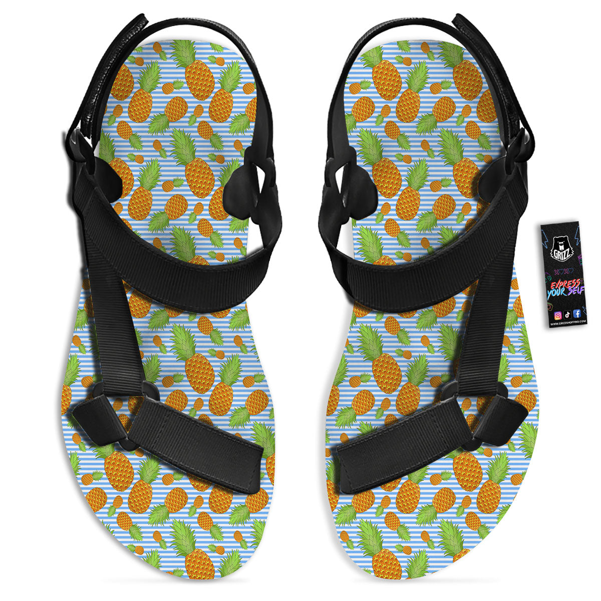 Pineapple Blue Striped Print Pattern Black Open Toe Sandals-grizzshop