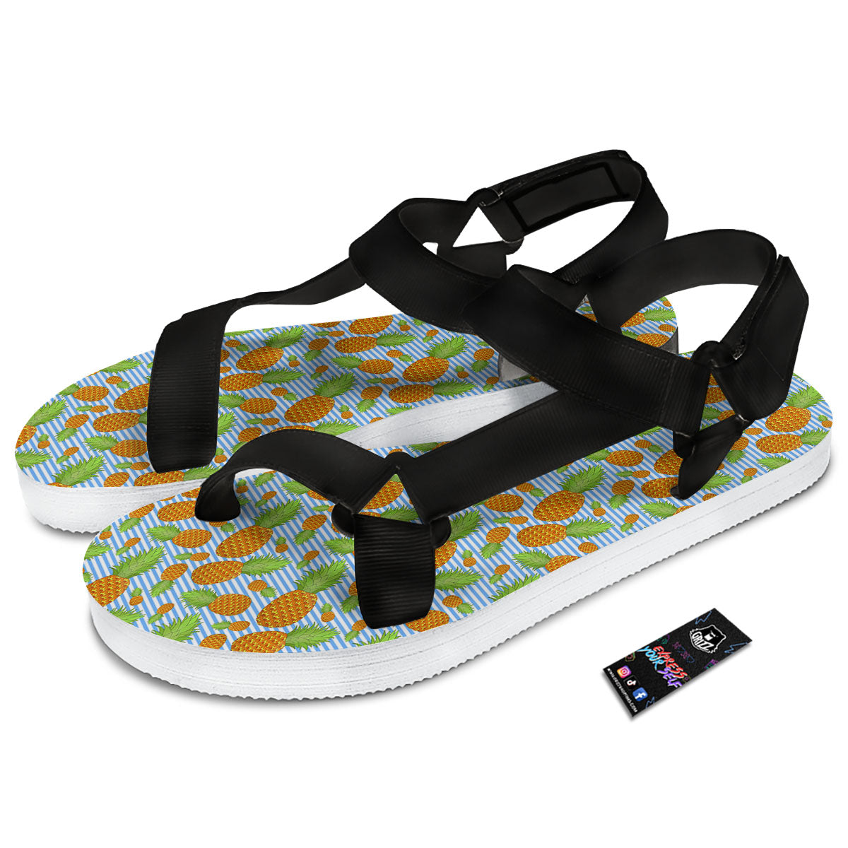 Pineapple Blue Striped Print Pattern Black Open Toe Sandals-grizzshop