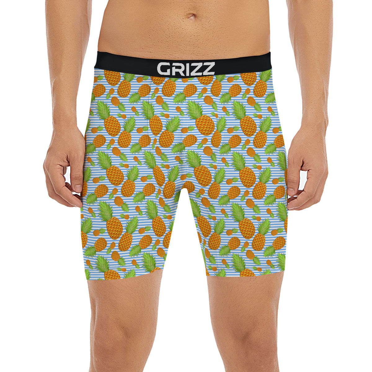 Pineapple Blue Striped Print Pattern Boxer Briefs-grizzshop