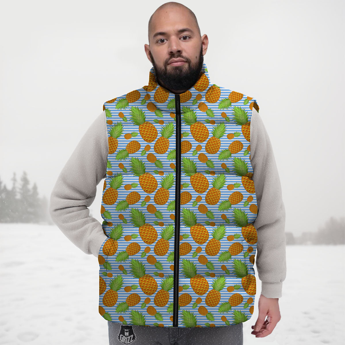 Pineapple Blue Striped Print Pattern Down Vest