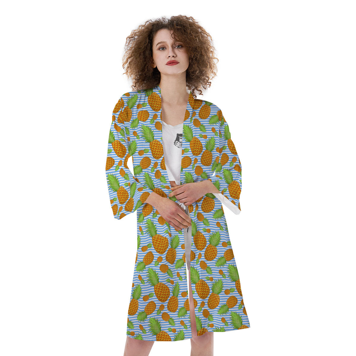 Pineapple Blue Striped Print Pattern Kimono-grizzshop