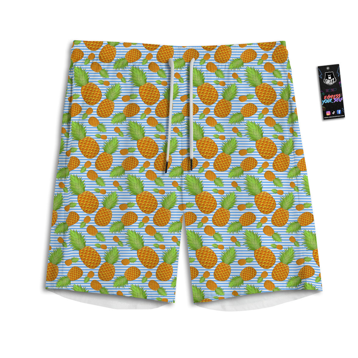 Pineapple Blue Striped Print Pattern Men's Athletic Shorts