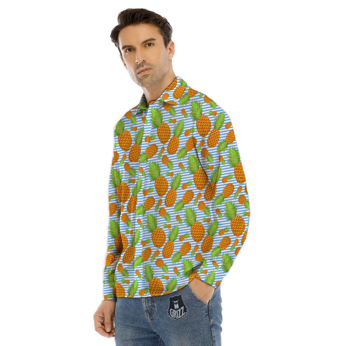 Pineapple Blue Striped Print Pattern Men's Dress Shirts-grizzshop