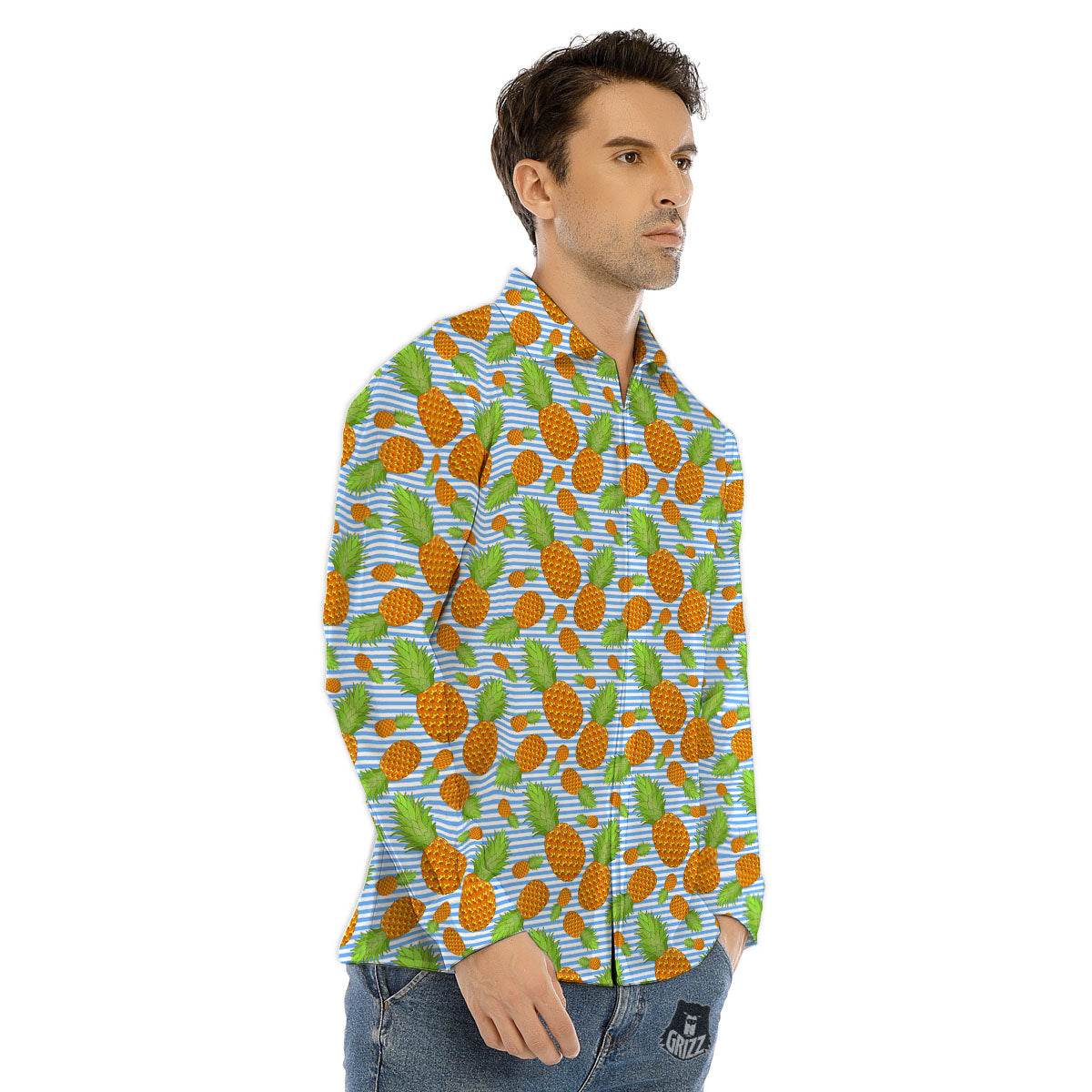 Pineapple Blue Striped Print Pattern Men's Dress Shirts-grizzshop