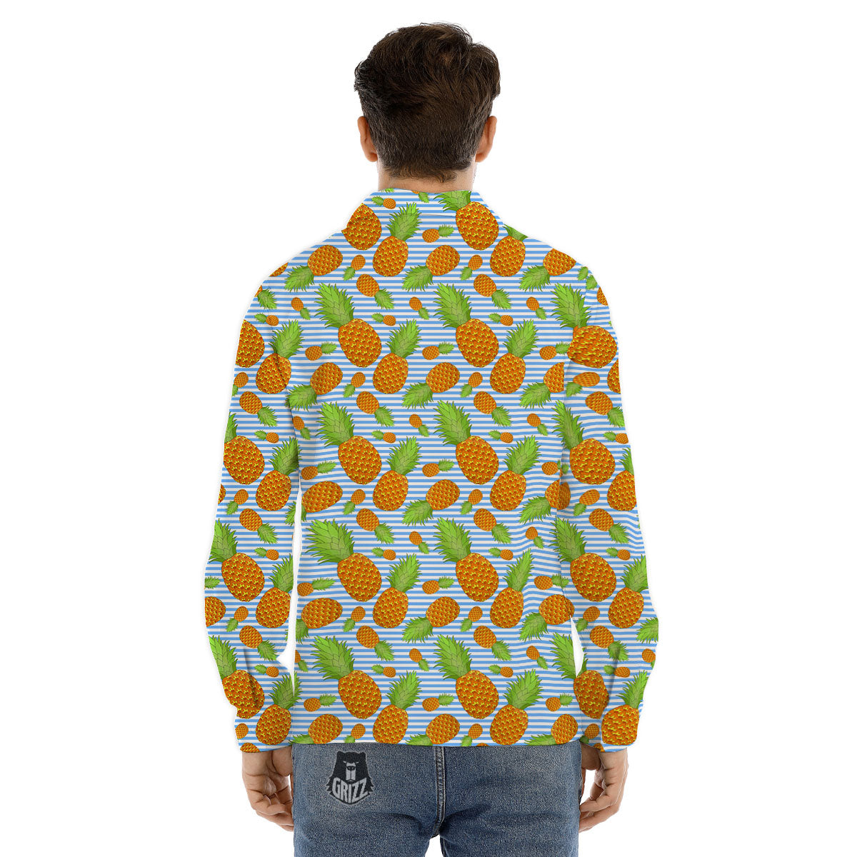 Pineapple Blue Striped Print Pattern Men's Dress Shirts-grizzshop