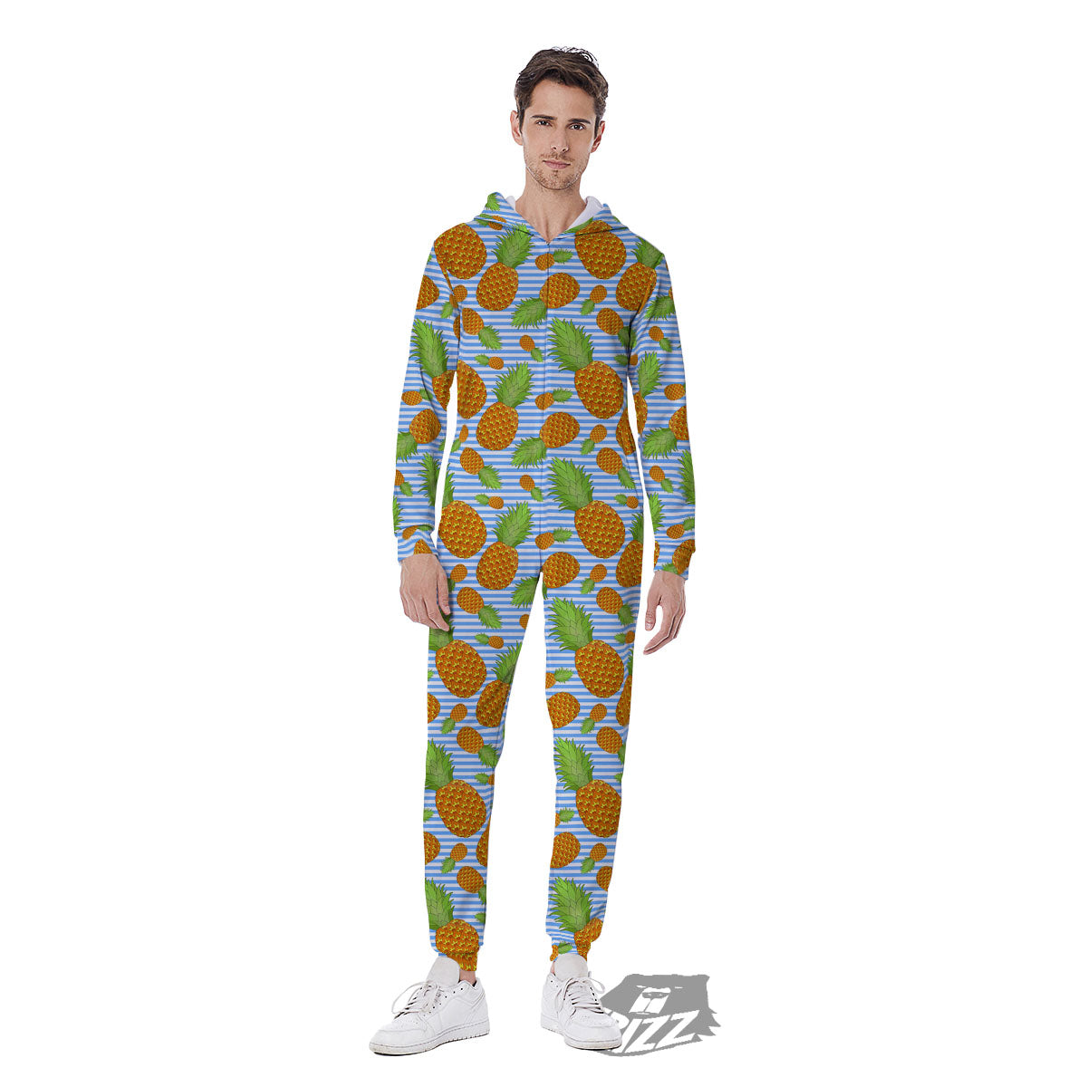 Pineapple Blue Striped Print Pattern Men's Jumpsuit-grizzshop