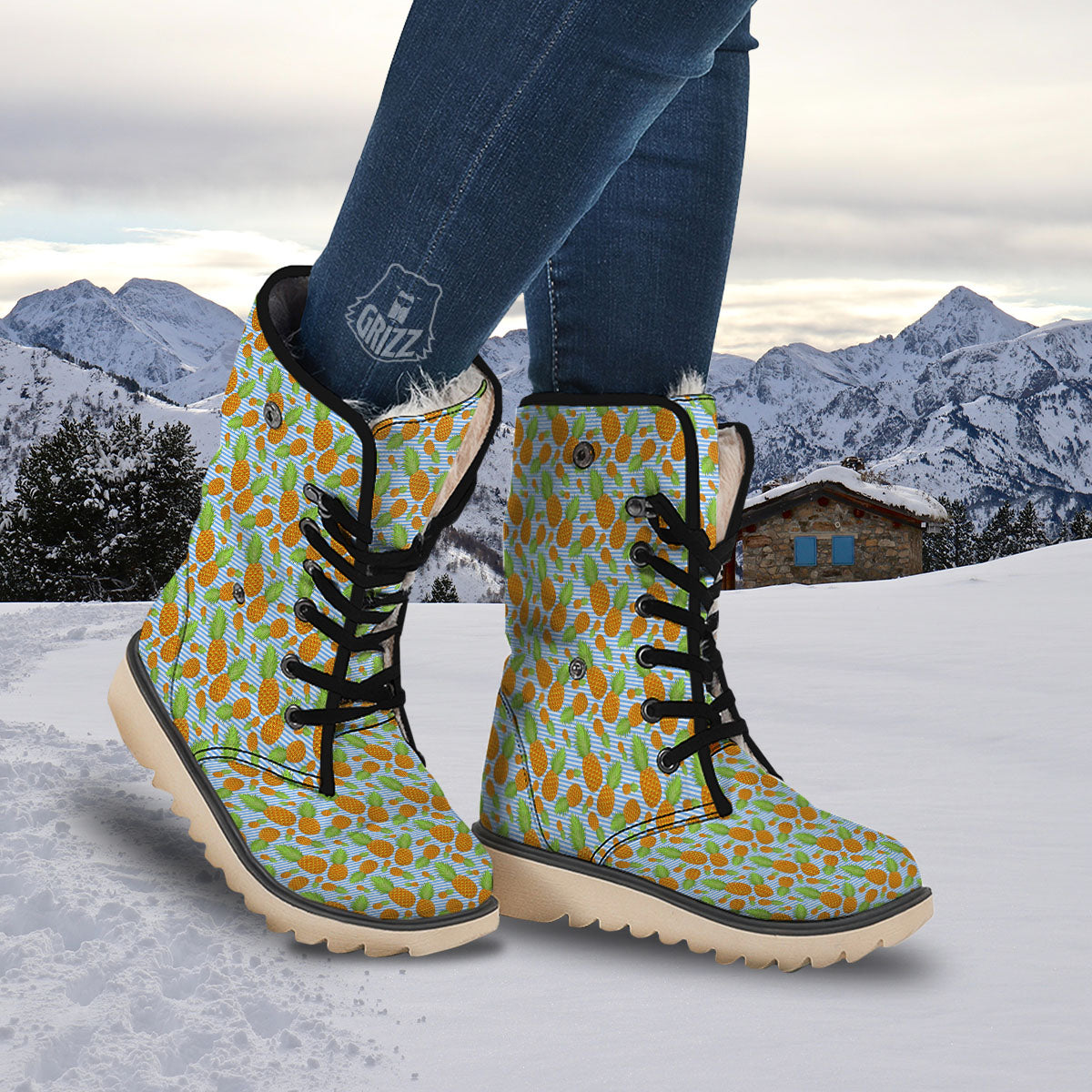 Pineapple Blue Striped Print Pattern Snow Boots-grizzshop
