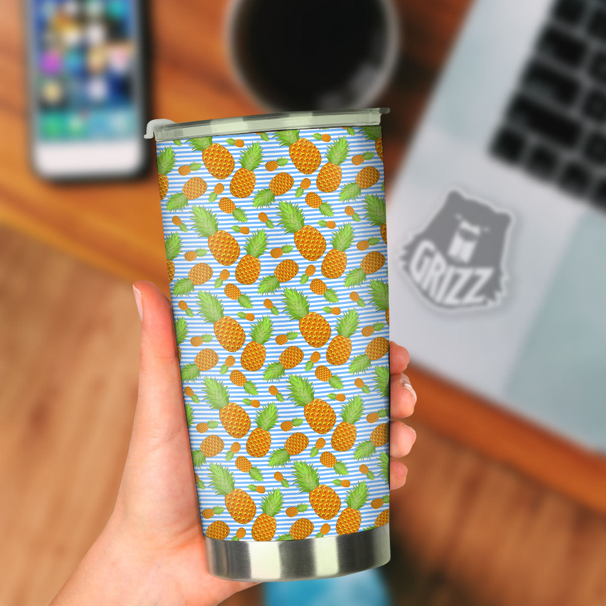 Pineapple Blue Striped Print Pattern Tumbler-grizzshop