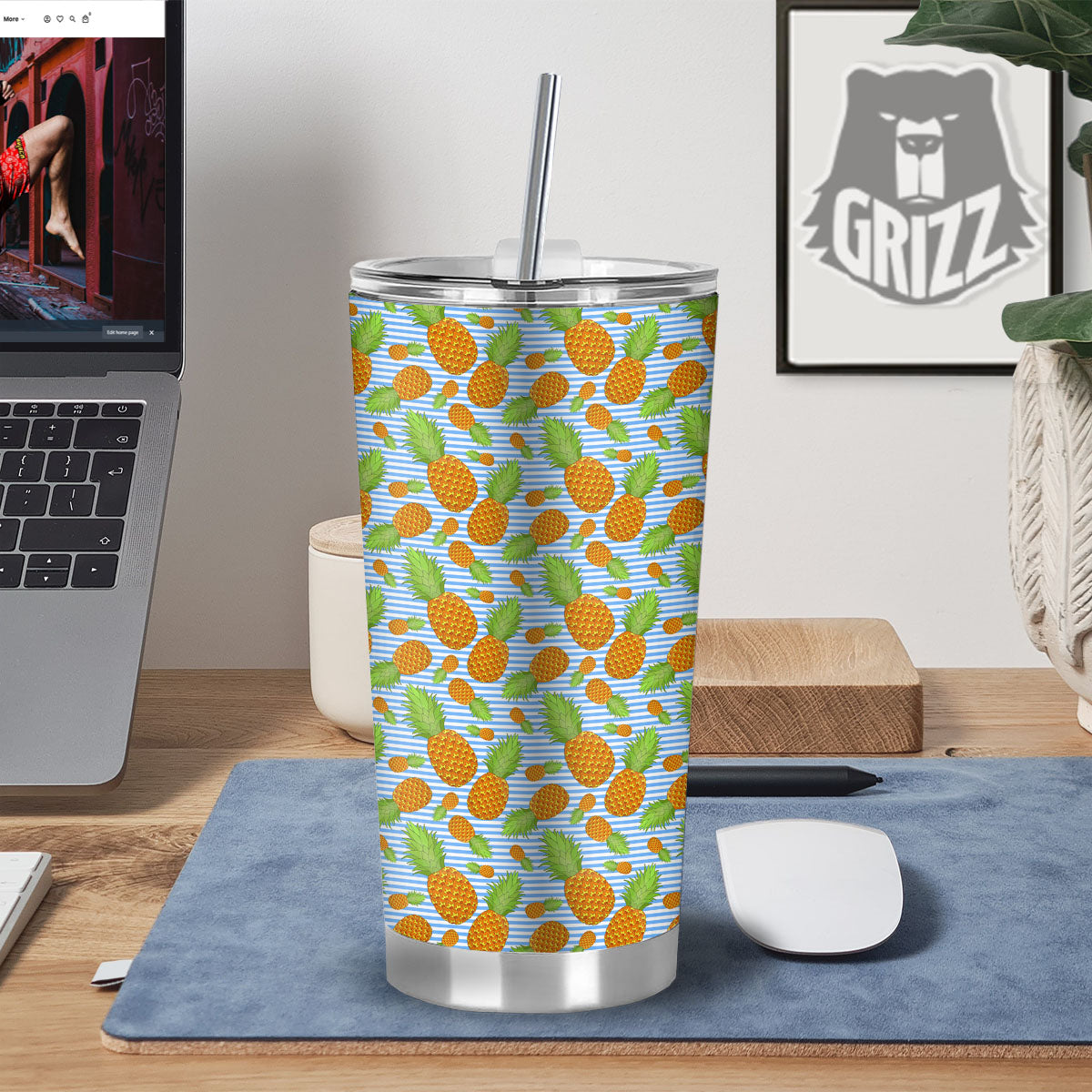 Pineapple Blue Striped Print Pattern Tumbler-grizzshop