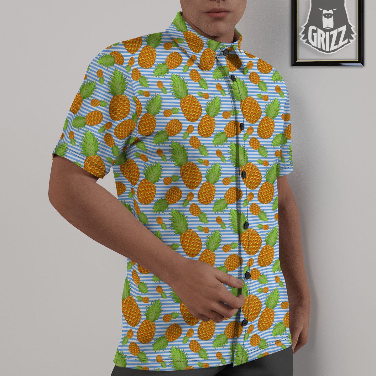 Pineapple Blue Striped Print Pattern Untucked Shirts-grizzshop