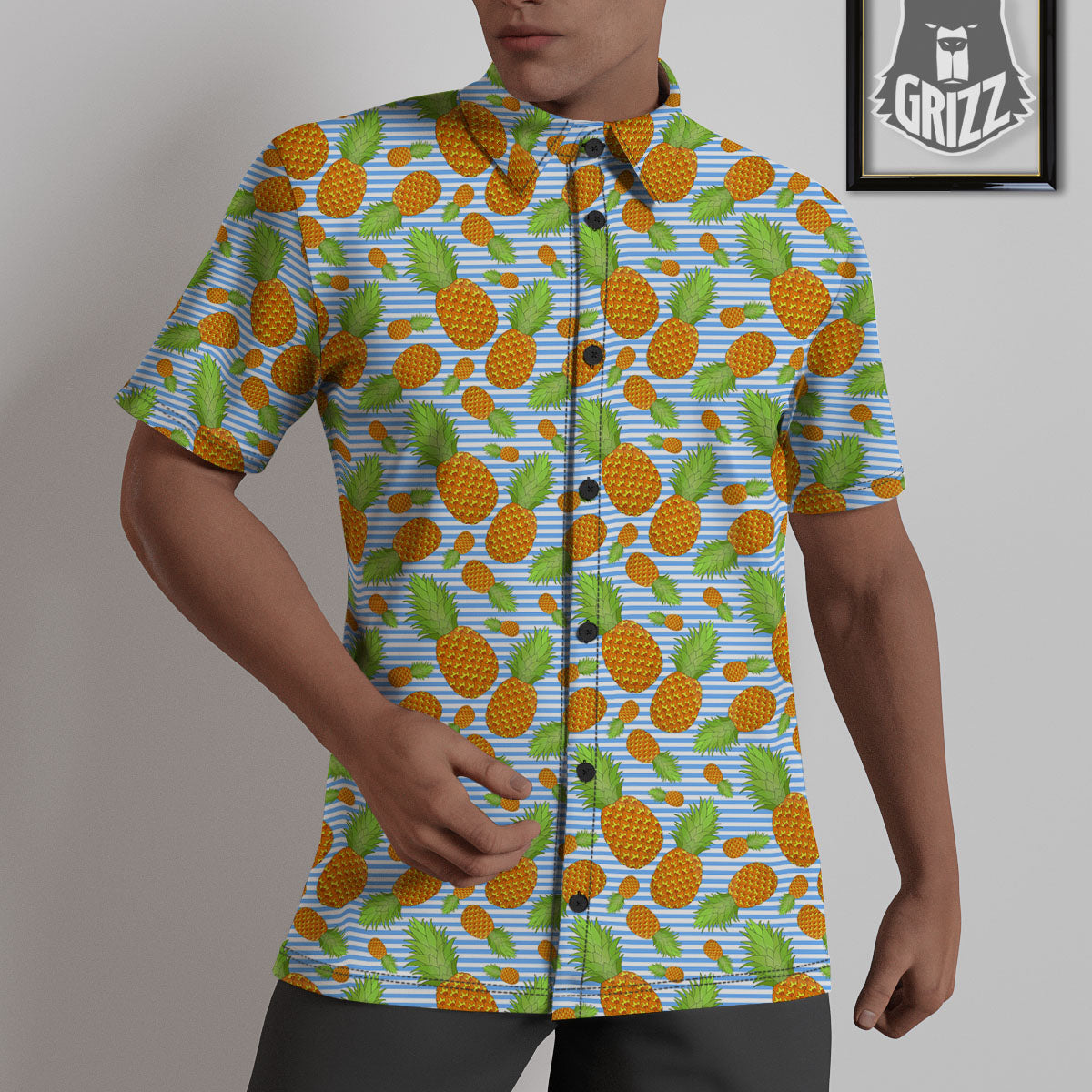 Pineapple Blue Striped Print Pattern Untucked Shirts-grizzshop